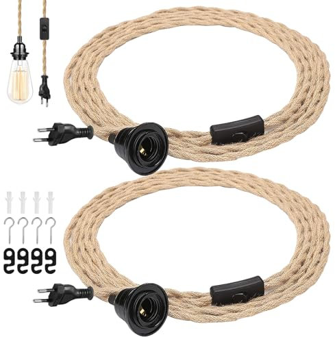 Bordeag 2 sospensioni vintage con spina E27 lampada a sospensioni con spina vintage cavo da 4,5 m corda di canapa kit fai da te