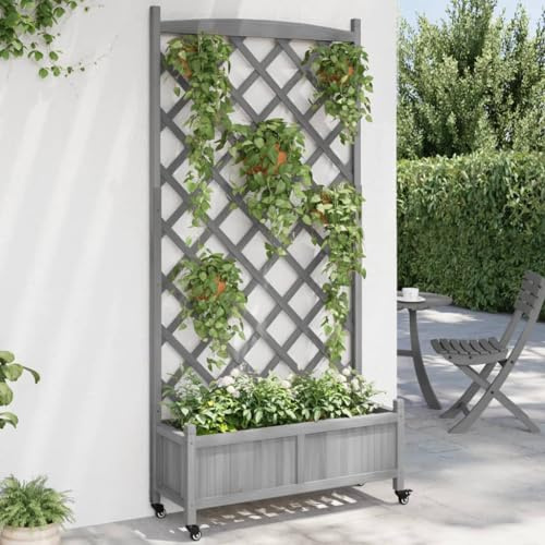 HUAKEHOM Pflanzkübel mit Rankgitter und Rollen Blumenkasten mit Spalier Pflanzgefäß für Terrasse Garten Pflanzkasten Grau Tannen Massivholz 90 x 35 x 187.5 cm