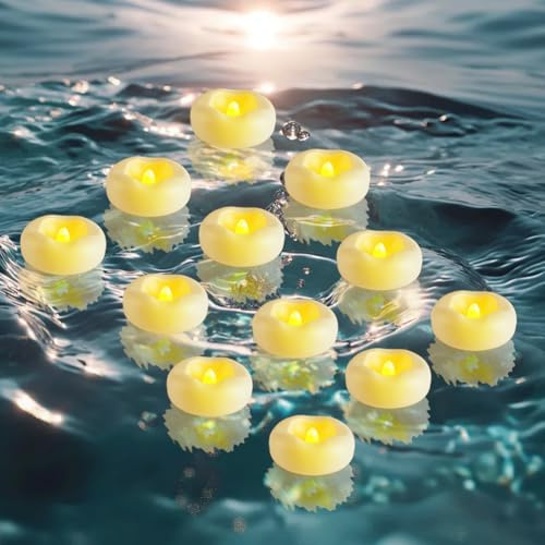 Gohytal Velas flotantes LED impermeables sin llama, 12 paquetes, velas de té flotantes de agua para jarrones cilíndricos, decoraciones para decoraciones de boda, piscinas, al aire libre.