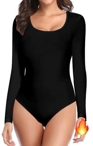 SHAPERIN Women Long Sleeve Bodysuit Crew Neck Thermal Shirts Slim Fit Pullover T-shirt Top, Black, S