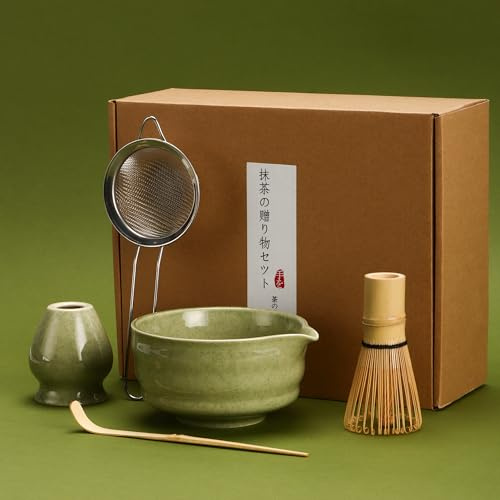 DiDiBirDi Matcha Tea Set 5 Pcs,Japanese Ceramic Bowl,Bamboo Matcha Whisk (Chasen), Scoop (Chashaku),Stainless Steel Sifter,Whisk Holder (Matcha Green)