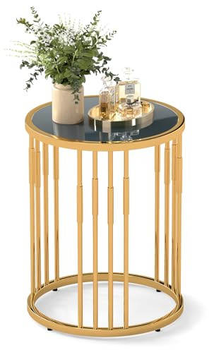 COSTWAY Round Side Table, 40cm Sofa End Table Accent Nightstand with Glass Mirror Top, Modern Golden Metal Frame Small Coffee Snack Tea Tables for Living Room Bedroom Balcony, No Assembly Required