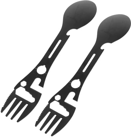 Alipis 2 Piezas Cubiertos Multifunción Camping Cuchara Tenedor Ergonómicos para Senderismo Picnic al Aire con Abridor Portátil Negro