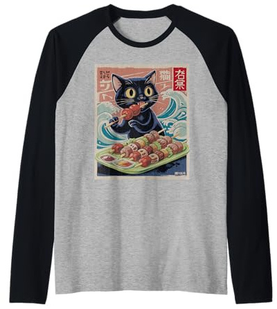 Meat Skewer Cat Kebab Grilled Meat Barbecue Meat Japanese Raglan Baseball Tee