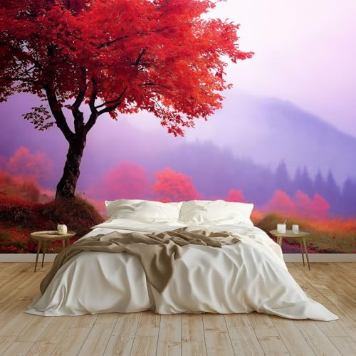 Fototapete Herbst Wald Bäume Vliestapete Wohnzimmer Schlafzimmer 350x256 cm Vlies Tapete Art Wandtapete UV-Beständig Wanddekoration Tapete, Rot