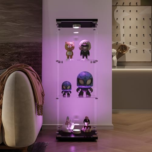 FUCMKON Glasvitrine Standvitrine mit LED-Beleuchtung,Vertikales Glas,Vitrinenschrank mit 1 Türen und 3-stufige,mit Schloss,für Sammlerstücke, Bücher, Büro,Wohnzimmer,Küche (Schwarz F, 42x36x125cm)