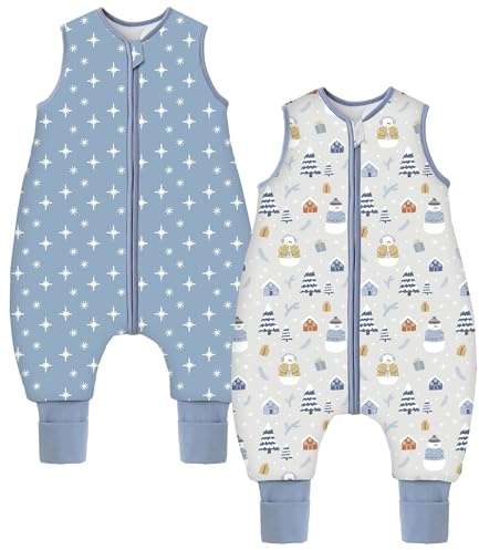 Teechodina Baby Schlafsack mit Füßen 2er Pack 2.5 Tog Kinder Winter Schlafsack mit Beinen für Jungen und Mädchen, 2.5 Tog/Schneemann + Sterne, 80cm/Baby Höhe 90-100cm