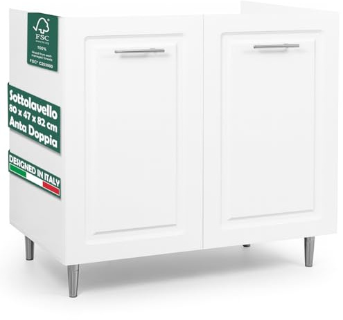 Shally Dogan Mobile Sottolavello Base per Cucina con Due Ante Design Boiserie, Mobiletto Componibile con Struttura in Legno Robusta, Mobile Sotto Lavello, 80 x 50 x 85H cm (Bianco)