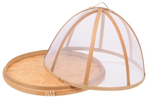 UTHCLO Cubierta Redonda para Alimentos de Bambú y Malla, Caqui, 1 | Protección para Mesa, Guarda el Plato y Ayuda a Conservar la Comida, Uso Doméstico en Cocina