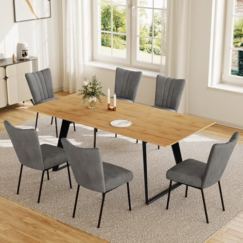 HIPIHOM Esstisch mit 4-6 Stühlen Set Ausziehbarer Esstisch 130–170 cm – Essgruppe MDF-Tischplatte & Metallgestell, Küchentisch/Esszimmertisch für 4–6 (1 Esstisch + 6 Graue Stühle)