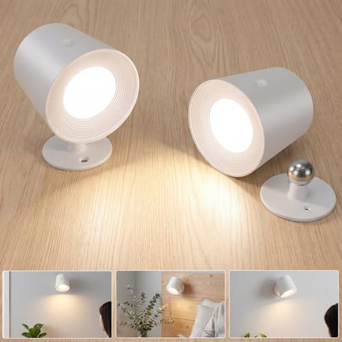Homefire LED Wandleuchte ohne Stromanschluss - Wandlampe Innen mit Akku | Wandstrahler Kabellose 360 Drehbare Touch Control Leselampe Wand für Wohnzimmer Schlafzimmer Treppenhaus Flur Weiß 2 Stück