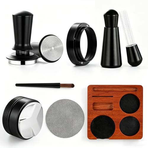 NPOIAUG Espresso Zubehör Set 7tlg. – WDT Tool, Tamper, Distributor, Dosierring & Tamperstation | Barista Set aus Edelstahl für Siebträgermaschinen | Schritt-für-Schritt Zubehör für Café (54mm)