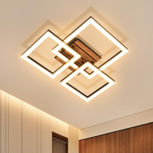 ZMH LED Deckenleuchte Schlafzimmer Deckenlampe 21W Schwarz Küchenlampe | 3000K Warmweiß 38CM Modern Geometrisches Design Eckig Flur in Holzoptik Wohnzimmerlampe für Wohnzimmer Küche Esszimmer
