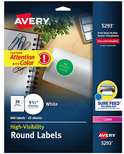 Avery Round Printable Labels, 1-2/3 Diameter, Matte White, Sure Feed Technology, Laser & Inkjet Compatible, 600 Blank Labels Total, Great for Branding, Packages, School Supplies, and More (5293)