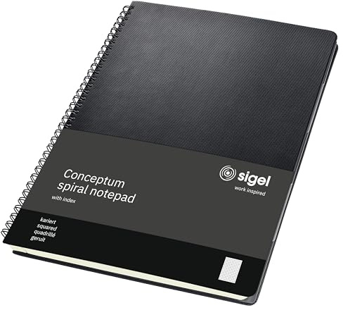 SIGEL CO840 Premium Spiralblock A4, kariert, schwarz, 80 Blatt, sehr stabiler Hardcover-Einband, mit versetzbarem Register, Einsteckfach, aus nachhaltigem Papier, Conceptum | CO840, 80 Blatt, mit versetzbarem Register, sehr stabiler Hardcover-Einband, Einsteckfach, aus nachhaltigem Papier