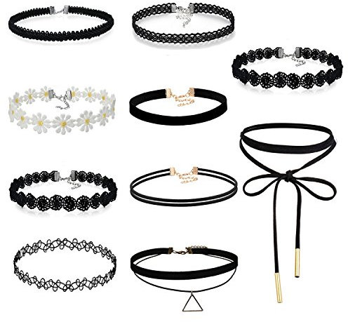 OIDEA 10 Stück Choker Halskette Set Stretch samtleder Klassische gotische Tattoo Spitze Choker für Frauen Mädchen Damen, Schwarz Weiss