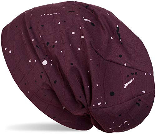 styleBREAKER Beanie Mütze mit Falten und All Over Farbkleckse, Slouch Longbeanie, Unisex 04024149, Farbe:Bordeaux-Violett