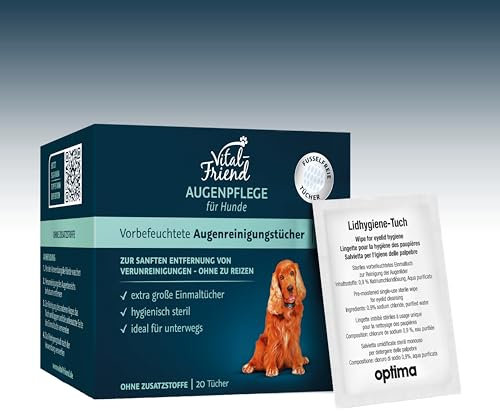 Vital-Friend Augenpflege-Tücher Hund, 100% Viskose, konservierungsmittelfrei, steril verpackte Tücher für die sanfte Reinigung von Hundeaugen, ideal für unterwegs, 20 Stück