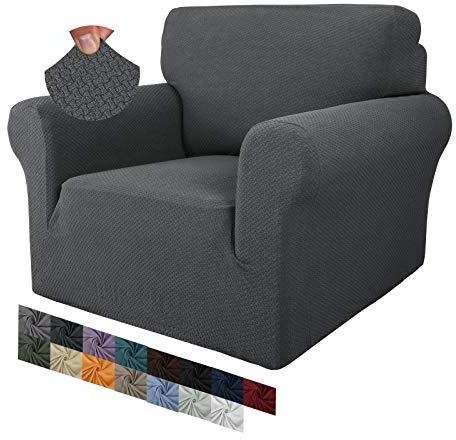 MAXIJIN Creative Jacquard Chair Covers for Living Room, Super Stretch Non Slip Chair Slipcover with Arms Dogs Pet Friendly 1-Piece Elastic Sofa Couch Protector Armchair Cover (1 Seater, Dark Grey)