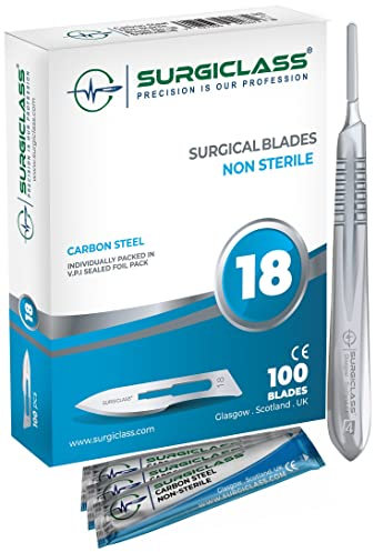 Surgical Scalpel Surgical Blades # 18 Carbon Steel Non Sterile Box of 100 and Handle No 4 Perfect for wood art, Surgical, Sculpting, Repairs, Lab Anatomy, Sign, Card Making Lab Training SURGIBL18-100