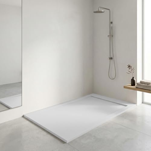 Plato de ducha resina FLOW desagüe lineal frontal color Gris Cemento 120x70 textura pizarra antideslizante rejilla inox con válvula