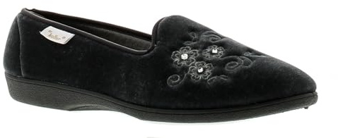 Dr Keller Mabel Womens Moccasin Slippers - Dark Grey. Lady's Slippers with Velour upper, Soft Satin Lining and Embroidered Flower Detail. Womens House Slippers Grey 6 UK