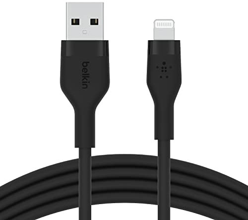 Belkin BoostCharge Flex Silikon-USB-A/Lightning-Kabel, 2 m, MFi-zertifiziertes Ladekabel für iPhone 14/14 Plus, 13, 12, 11, Pro, Max, mini, SE, iPad und andere Geräte – Schwarz