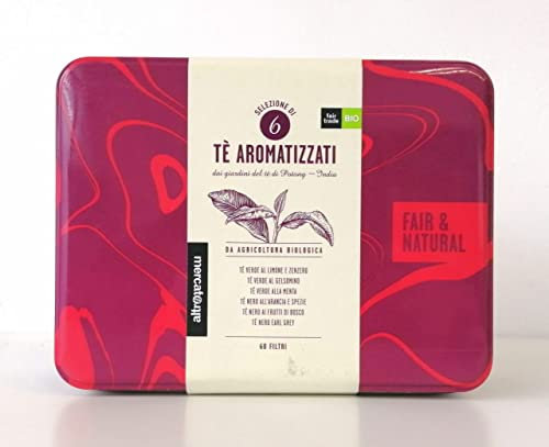 AltroMercato Selezione 6 Tè Aromatizzati: Verde al Limone e Zenzero, Verde al Gelsomino, Verde alla Menta, Nero all'Arancia e Spezie, Nero ai Frutti Di Bosco, Nero Earl Grey - 60 filtri: 10 x 6 Gusti