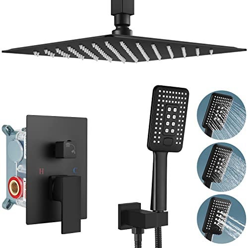 Aolemi Mattschwarz 10 Zoll Duschsystem Deckenhalterung Regenduschkopf mit 3 Funktionen ABS Handbrause Luxus Hochdruckdusche Combo Set Rough-In Ventil und Duschverkleidung Enthalten Badezimmer
