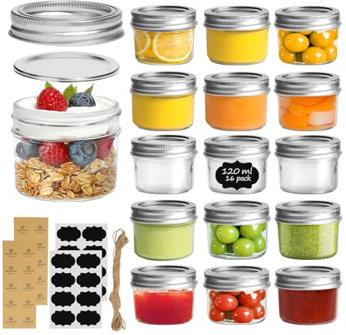 ComSaf Marmeladengläser 120ml mit Schraubdeckel, Einmachgläser 16er Set | Joghurtgläser, Dessertgläser, Honig, Dips, Gewürze, Verkostungen, Partybuffet, Gastgeschenke