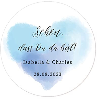 50 Schön, dass du da bist Stickers PERSONALISIERT Hochzeit Aufkleber,mit Namen und Datum für Gastgeschenke Hochzeit Verlobung Taufe Geburtstag Kommunion - Rd 078 (Aquarell blau)