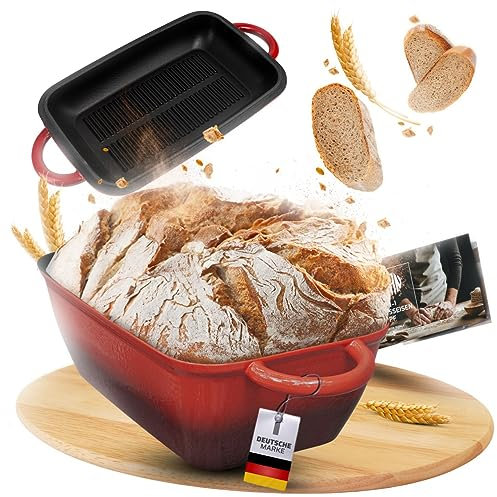 Der neue Gusseisen Topf zum Brot Backen von WARANO - 2 IN 1 Emaille Bräter mit Deckel für perfekte Kruste - 28cm - backofengeeignet - Brotbackform, Brotbacktopf, Brot Backen, mit Rezeptbuch (Rot)