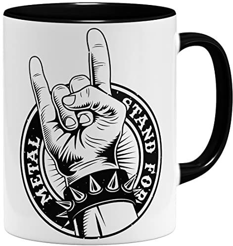 OM3® Coole Tasse mit Metal-Hand - Metalhand Devils Horn Hardrock Music - Keramik Becher - 11oz 325ml - Beidseitig Bedruckt - Schwarz