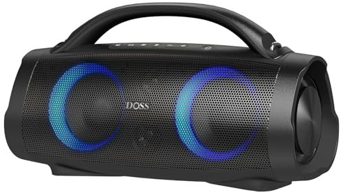 DOSS Extreme Boom Pro Bluetooth Speaker with 100W Stereo Sound, Rich Bass, IPX6 Waterproof, 20H Playtime, Power Bank, Mixed Color Light, Portable for Outdoor, Camping, Beach - Black