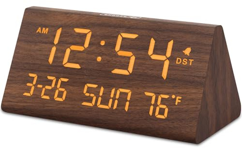 DreamSky Digital Alarm Clocks for Bedrooms - Wooden Desk Clock with Date, Day of Week, USB Port, Temperature, Dimmer for Bedside Table, Living Room, Office, Adjustable Volume, Auto DST, Wood Decor