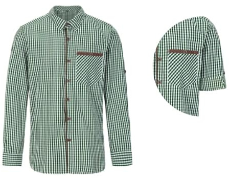Kelliar Trachtenhemd Herren,Herrenhemd,Trachtenhemd Hemd Grün Langarm Kariertes Hemd Herren für Trachten Oktoberfest Baumwolle Langarm Grün aus 100% Baumwolle für Oktoberfest Outfit,Größe XXL