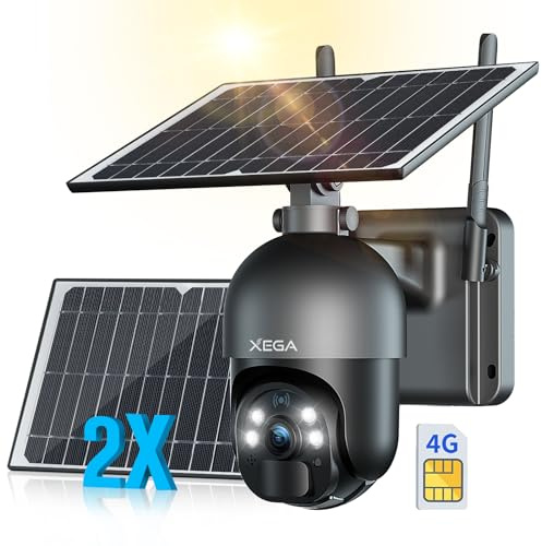 Xega【2 Solarpanels】4G LTE Ohne WLAN Überwachungskamera Aussen mit SIM Karte | 2K HD 3MP PTZ Kabellos Kamera Outdoor PIR Erkennung Farb/IR Nachtsicht 2-Wege-Audio Cloud und TF-Karten IP66 Wasserdicht