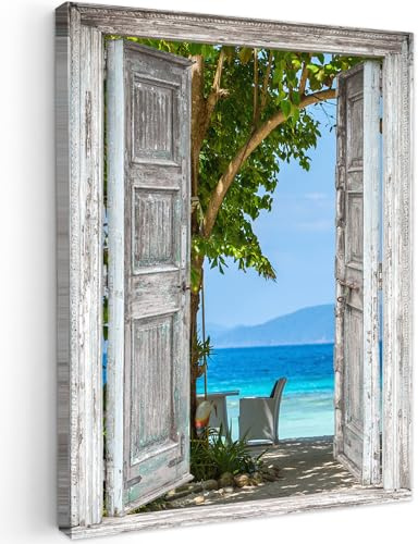 MuchoWow© Wandbilder Wohnzimmer Wanddeko Schlafzimmer Zimmerdeko Fotowand | 60x80 cm - Zimmer Deko Wand Dekoration Wall Art Strand - Tropisch - Meer - Fensterblick