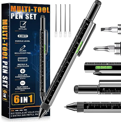Cool Gifts For Men Woman, 6 IN 1 Multitool Pen For Him Father Grandpa Husband Boyfriend, Unique Multi Tool Gadget Stocking Stuffers Gifts From Daughter Wife Son (Black)