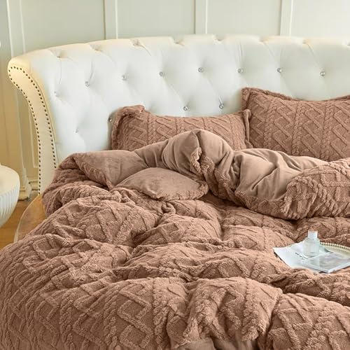 Nayoroom Bettwäsche Flanell 200x200 Winter Warme Kuschel Bettbezug Flauschig Fleece Cashmere Touch Plüsch Winterbettwäsche Set mit Reißverschluss - 200 x 200 + 2 x 80 x 80 cm Braun