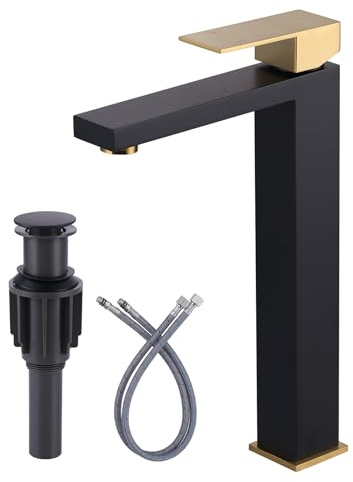 ARCORA Vessel Sink Faucet Black and Gold, Single Handle Tall Bathroom Faucet, Single Hole Lavatory Vanity Mixer Tap with Pop Up Drain and Faucet Supply Lines