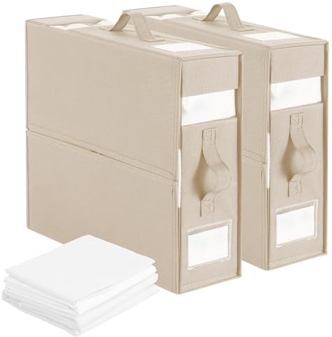helyad Aufbewahrungstasche für Bettlaken,2 Stück Faltbare Bettwäsche Aufbewahrungsbox Unterbettkommode Organizer mit Spanngurte Kleideraufbewahrung für Decken Kleidung Unterbett Kleiderschrank,Beige