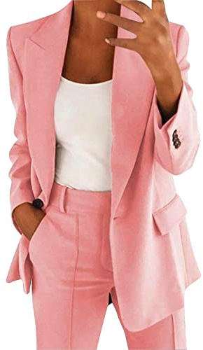 Veste Femme Élégante Longue Blazer Sportif Ajusté Veste d'Été Légère Élégante Blazer Femme Cardigan Grandes Tailles Blazer Long Été Veste de Transition Vestes Femmes Business Veste de Costume, Rose, L