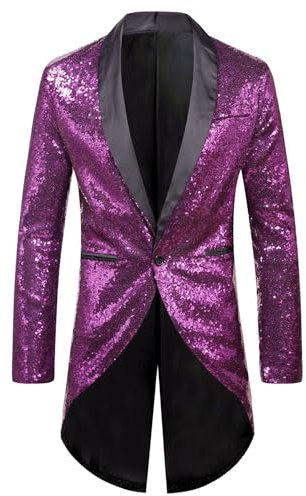 Herrenschal Revers Pailletten Frack Slim Fit Schwalbenschwanz Anzug Jacke Dinner Party Hochzeit Blazer Stilvoller Smoking (Lila,M)
