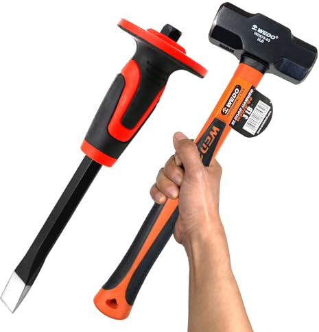 WEDO Flat Chisel and 3lb Sledge Hammer, Mason Flat Head Chisel and Club Hammer, Anti-Slip Handle, Orange, 4 Pounds