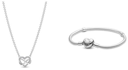 PANDORA Moments Funkelnde Unendlichkeits-Herz Collier-Halskette aus Sterling Silber & Moments Schlangen-Gliederarmband mit Herz-Verschluss aus Sterling-Silber