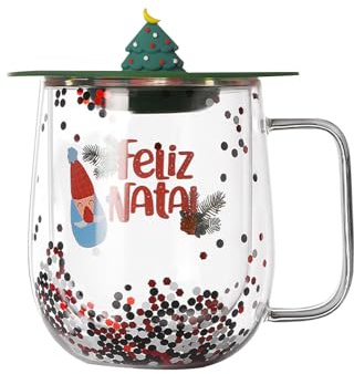 Tazza da caffè natalizia in vetro, a doppia parete, isolata, con grazioso coperchio 3D con albero di Natale, tazza da latte, tazza da caffè invernale, tazza da regalo per Natale del Ringraziamento