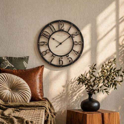 K&L Wall Art Industrielle Wanduhr Vintage Landhaus Wanduhren Holz-Metalloptik ohne Tickgeräusch lautlose Wohnzimmeruhr