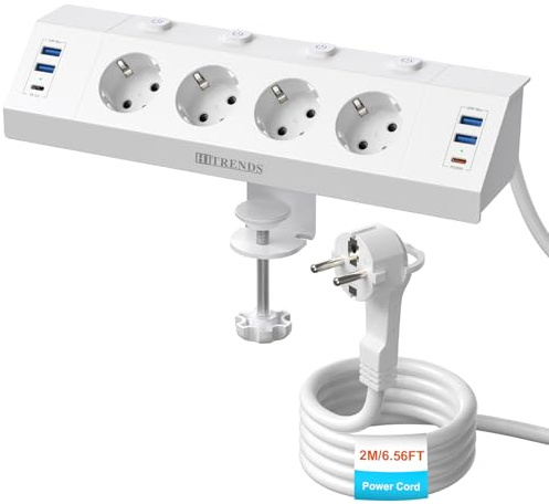 KEAGAR Prise de table à pince à 4 prises, commutable individuellement, USB | Prise d'angle avec fiche plate, 4 Schuko + 4 USB-A + 2 USB-C, support de serrage pour dessus de table, bureau, câble de 2 m