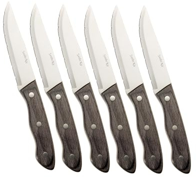 SanheKit Steakmesser-Set, 6/12-teilig, Edelstahl mit hohem Kohlenstoffgehalt, polierter Holzgriff, Full-Tang-Design, 5,3 Zoll große Größe, gezacktes Fleischmesser, scharfe Tafelmesser (6 PCS SET)